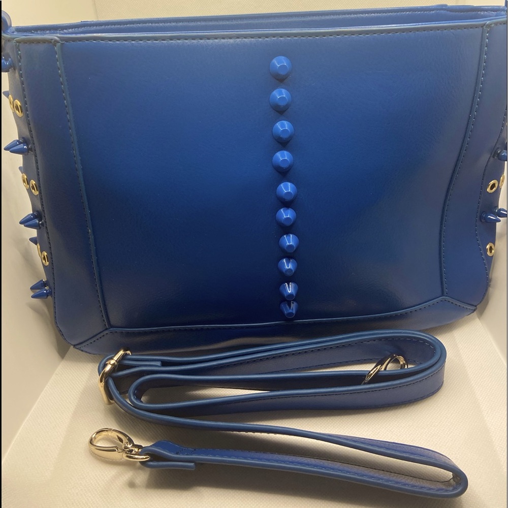 Blue studded faux leather purse with strap